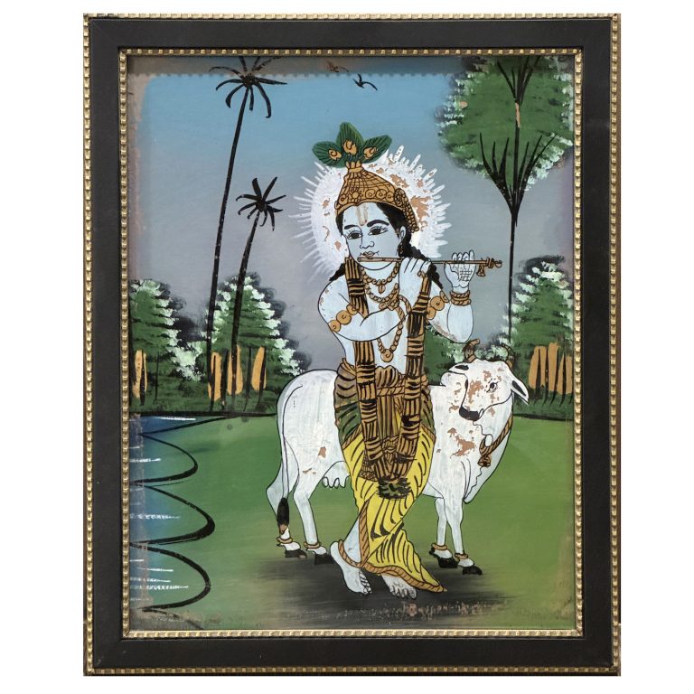 Antique/Vintage Framed Glass Painting of Krishna Playing his Flute, India (3982MCE) SPECIAL PRICE