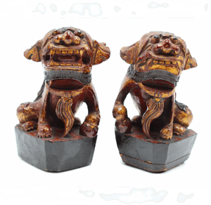 SOLD Antique Lacquer and Gilt Pair of Fu Lions, China (16556)